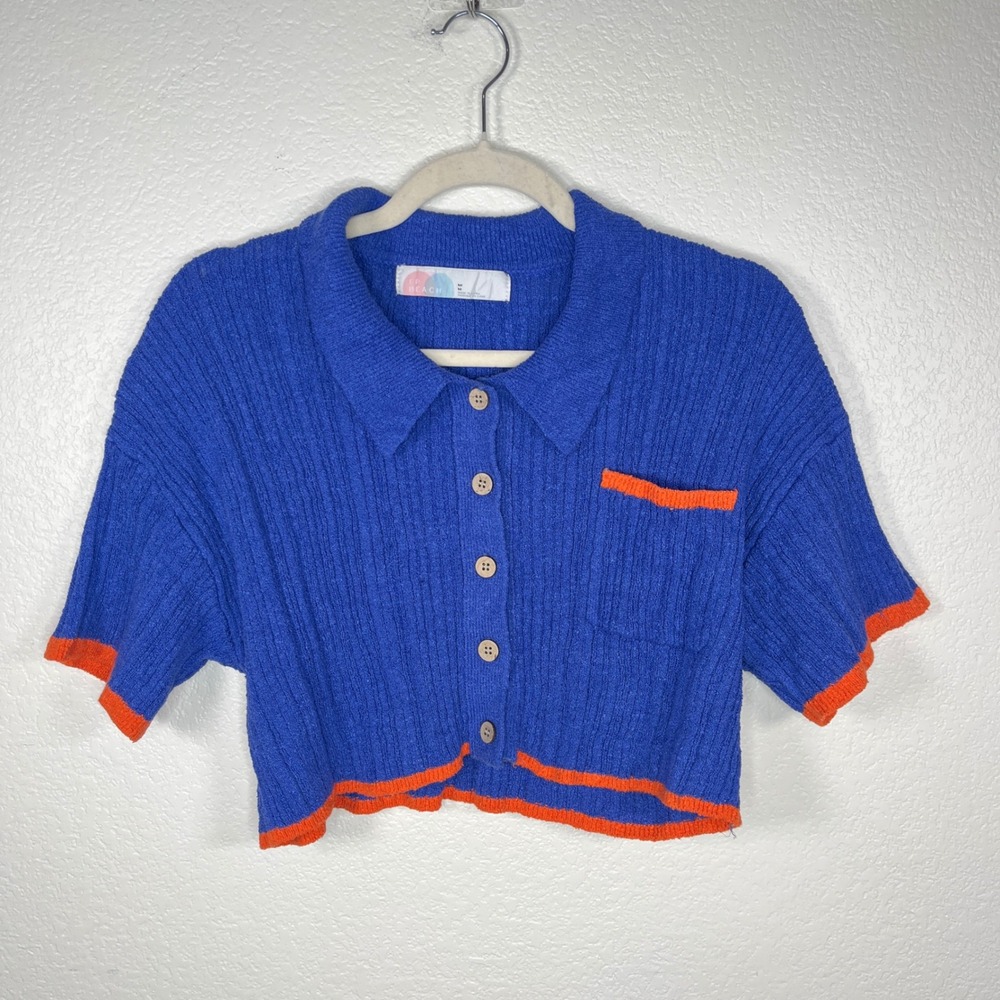 Free People Beach Cobalt Blue Orange Trim Ribbed Knit Cropped Polo Shirt Mens M
